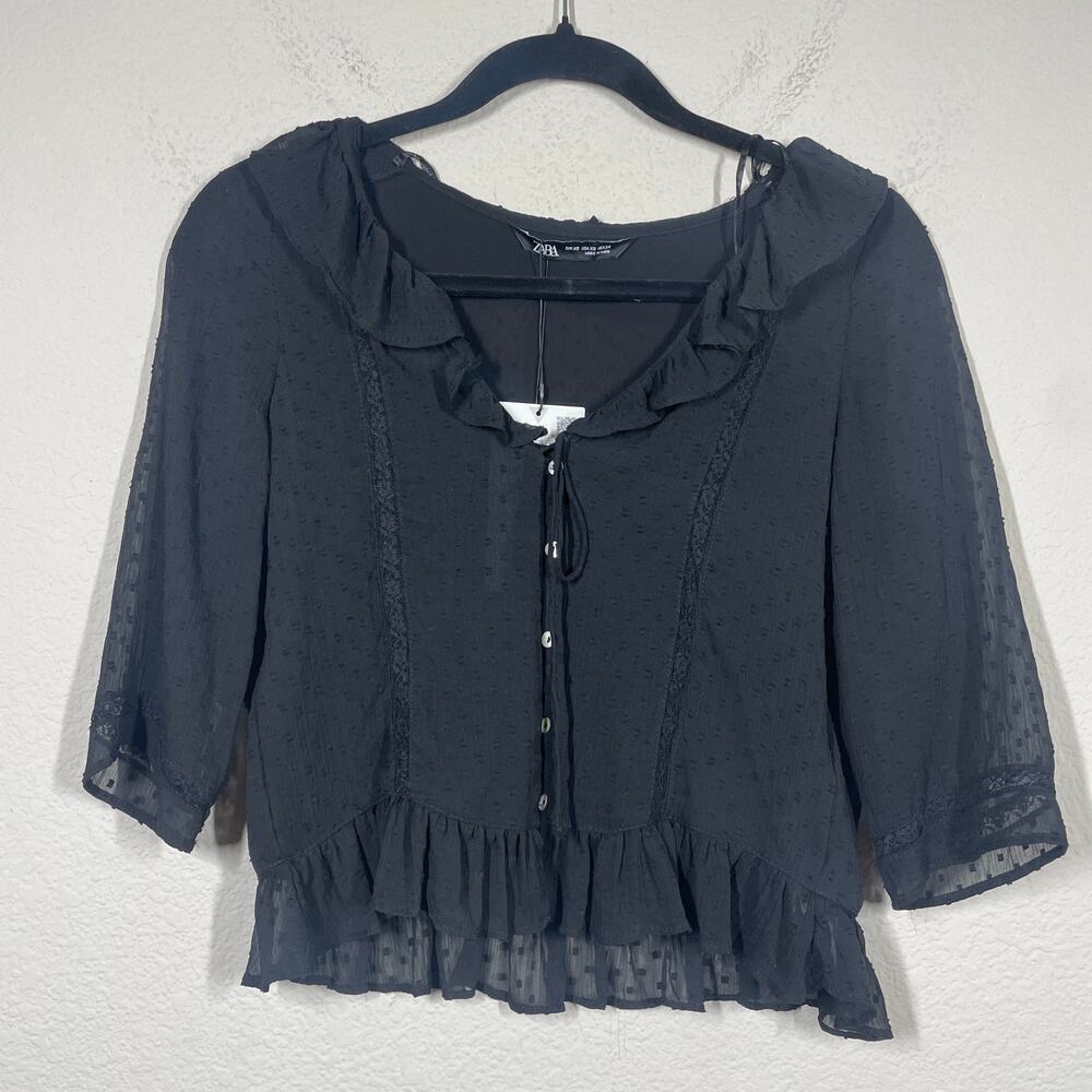 Zara XS Chiffon Swiss Dot Ruffled Top Blouse Black Lace Trim Button Up V-Neck